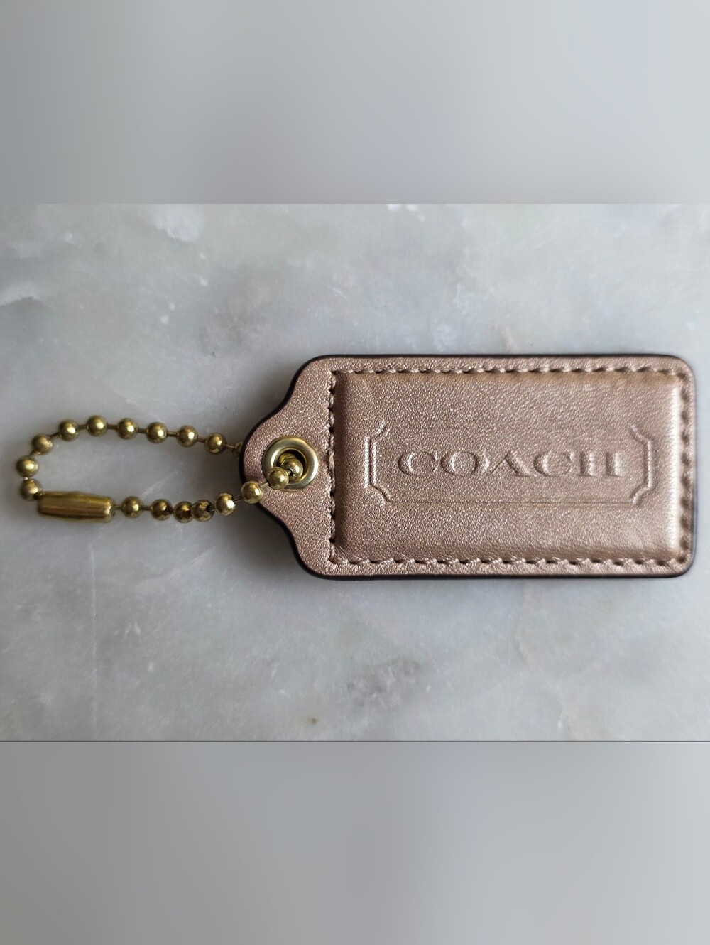 Coach Large Metallic Taupe Leather Hangtag with Gold Ball Chain